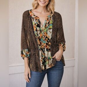 Calvin Klein Mixed Print Boho Peasant Blouse – Flowy Lightweight Top Size L”